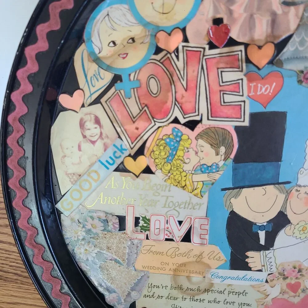 Vintage Decoupage Tray Paper Art Collage Celebrating Wedding Anniversary Love